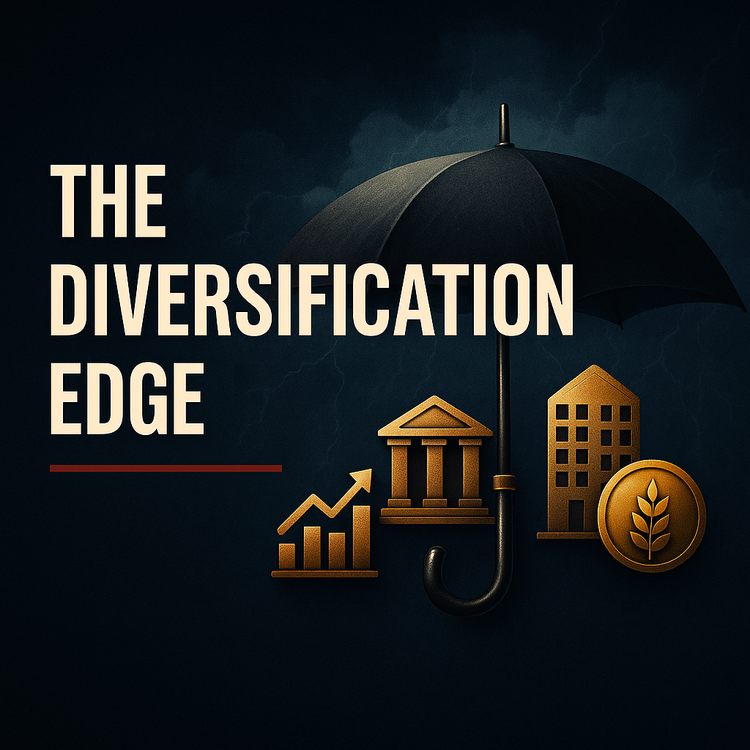 Illustration of a balanced portfolio with stocks, bonds, and real estate icons.