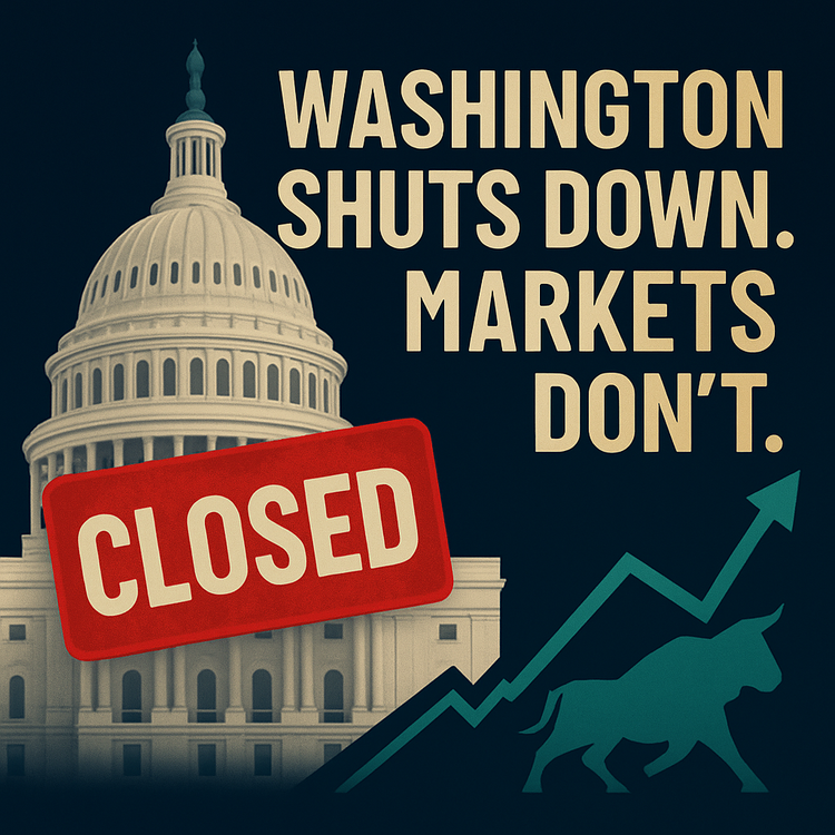 Digital thumbnail showing the U.S. Capitol with a “Closed” sign on the left and an upward-trending stock chart on the right, symbolizing that government shutdowns don’t stop the markets.