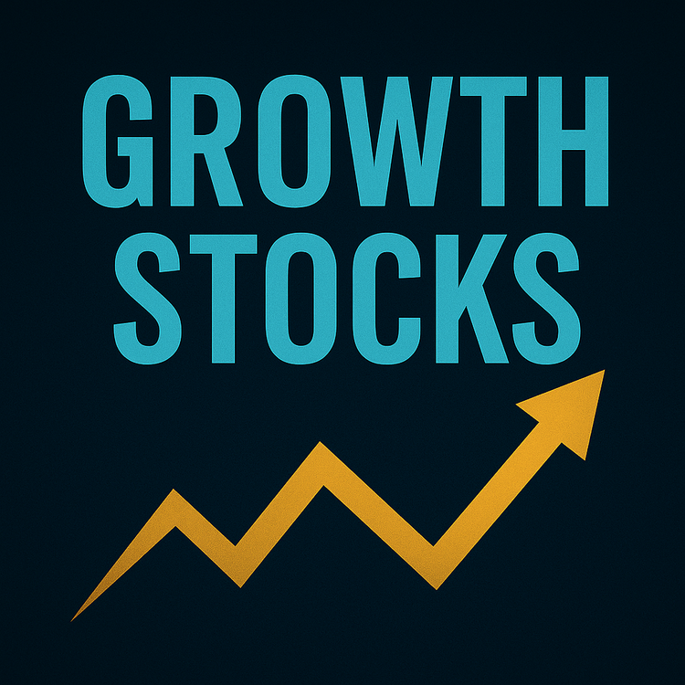 Dark financial graphic showing the words “Growth Stocks” with a bold yellow arrow rising upward, symbolizing both opportunity and volatility in the market.