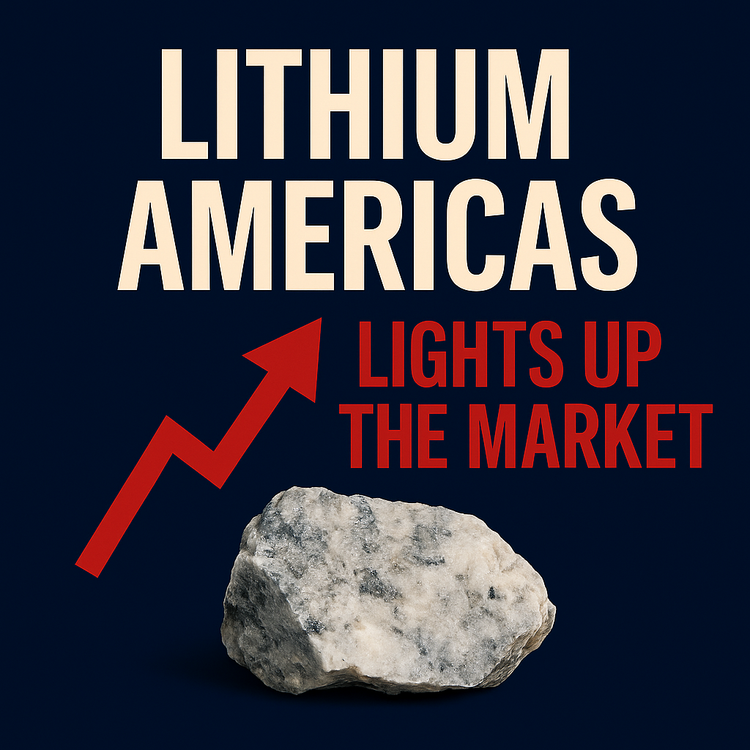 Rising lithium stock with U.S. investment theme, blue and gold tones.
