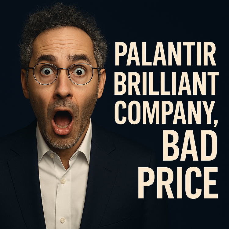 Shocked businessman with round glasses on dark blue background with text 'Palantir Brilliant Company, Bad Price