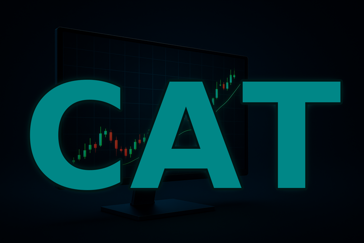 CAT stock ticker with candlestick price chart showing recent volatility against dark background