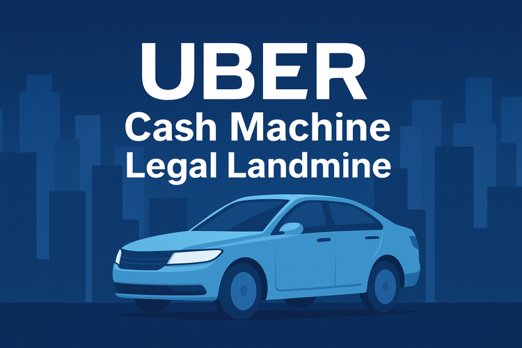 Dark blue thumbnail with the word UBER above the lines “Cash Machine” and “Legal Landmine,” and a stylized blue car in front of a city skyline.