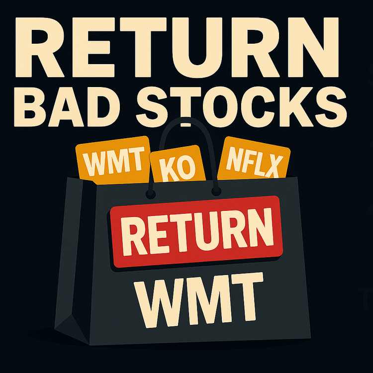 Shopping bag labeled “RETURN” filled with stock cards under text “RETURN BAD STOCKS.”