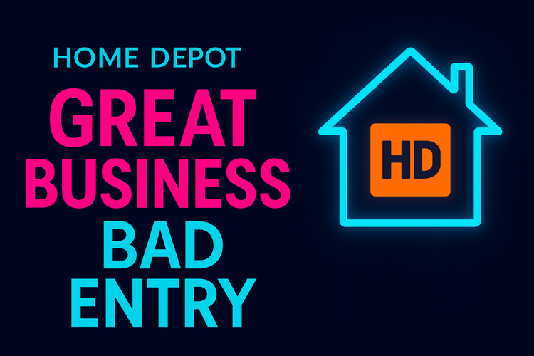 Dark blue thumbnail with neon text “Home Depot – Great Business Bad Entry” beside a glowing house outline containing an orange HD square, reflecting a cautious view on Home Depot stock.