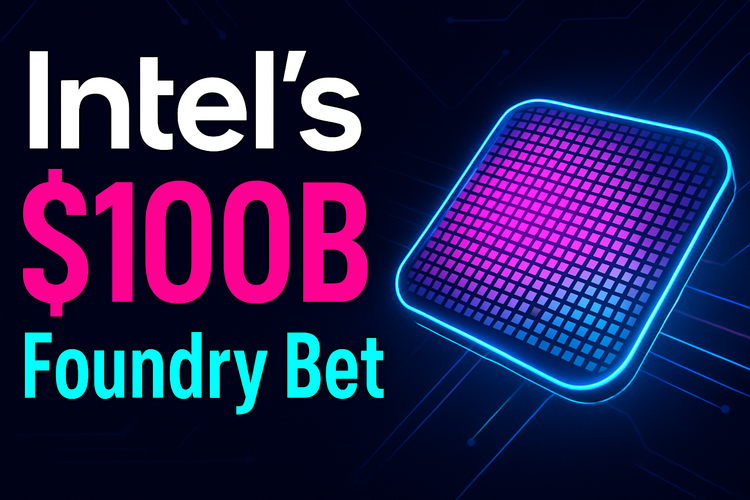 Dark blue thumbnail with the words “Intel’s $100B Foundry Bet” beside a glowing neon chip graphic.