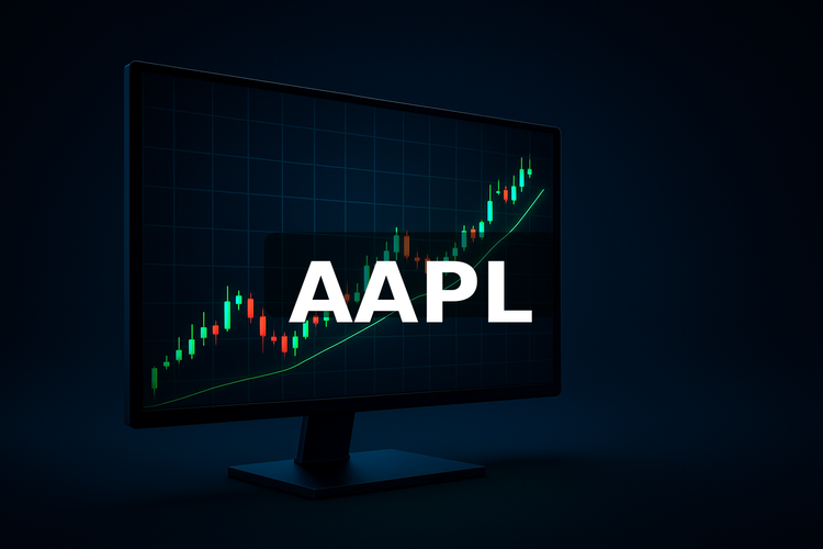 Dark blue monitor displaying an Apple (AAPL) candlestick chart moving sharply higher, with bold white “AAPL” text overlaid in the center.