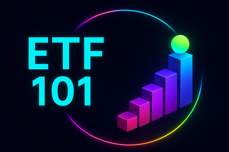 Dark navy thumbnail with neon cyan “ETF 101” on the left and a glowing magenta-to-blue rising bar chart topped by a green orb, framed by a neon arc on a near-black grid background.