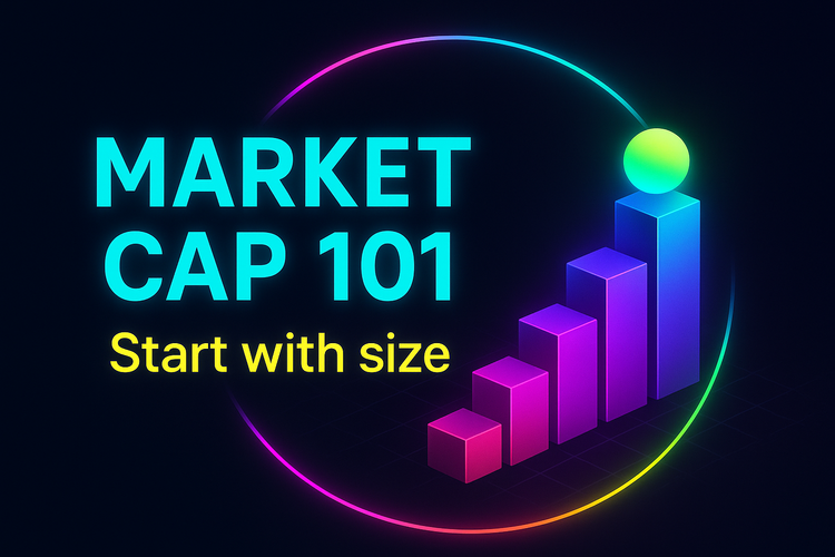 Dark navy thumbnail with neon cyan “MARKET CAP 101,” yellow subhead “Start with size,” and a glowing multicolor bar chart rising to the right on a near-black background.