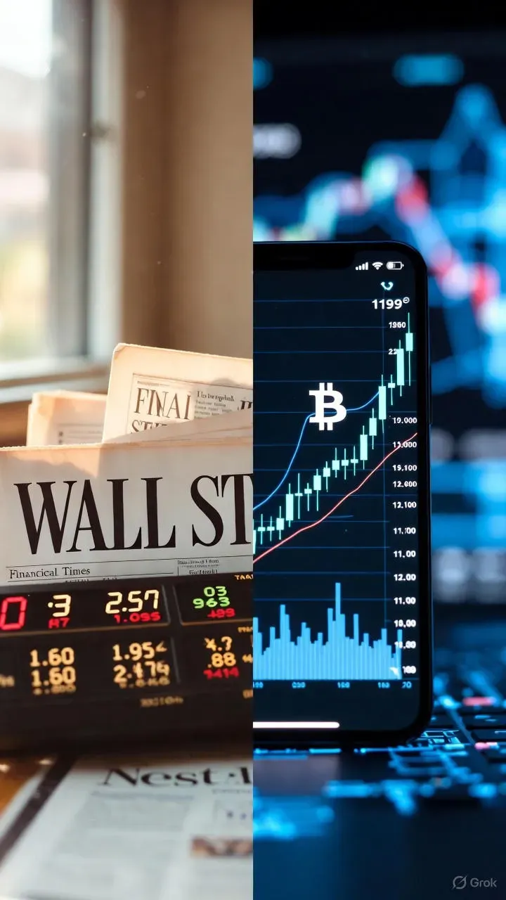 Traditional Wall Street newspapers and stock ticker beside a smartphone displaying Bitcoin price charts