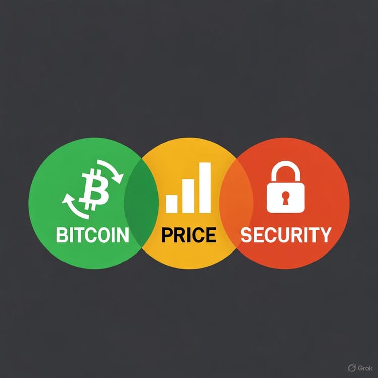Three overlapping circles in green, yellow, and red showing Bitcoin, Price, and Security indicators