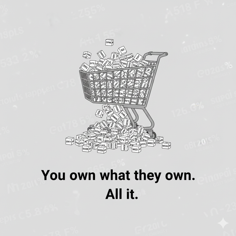 Shopping cart overflowing with stock ticker blocks spilling onto the ground, illustrating ETF holdings