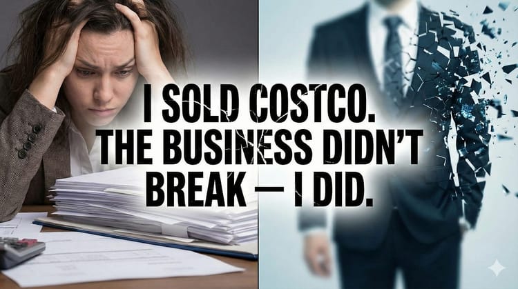 Split image of stressed person at a desk and a shattered suit figure with the text “I SOLD COSTCO. THE BUSINESS DIDN’T BREAK — I DID.”