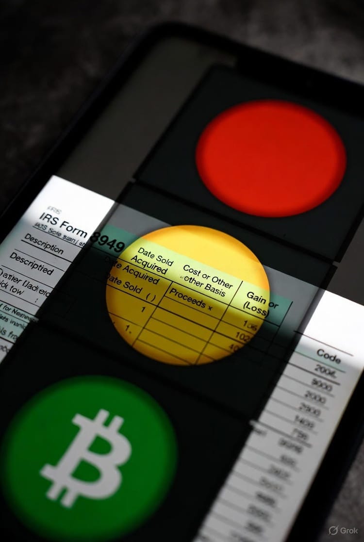 Traffic light with red, yellow, and green signals overlaid on IRS Form 8949 with Bitcoin symbol