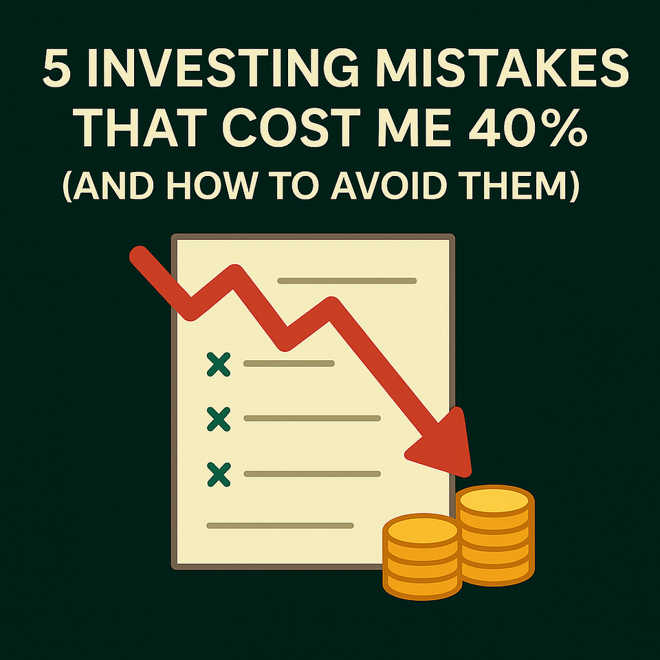 Dark-themed graphic with stock chart and warning icons showing five costly investing mistakes.