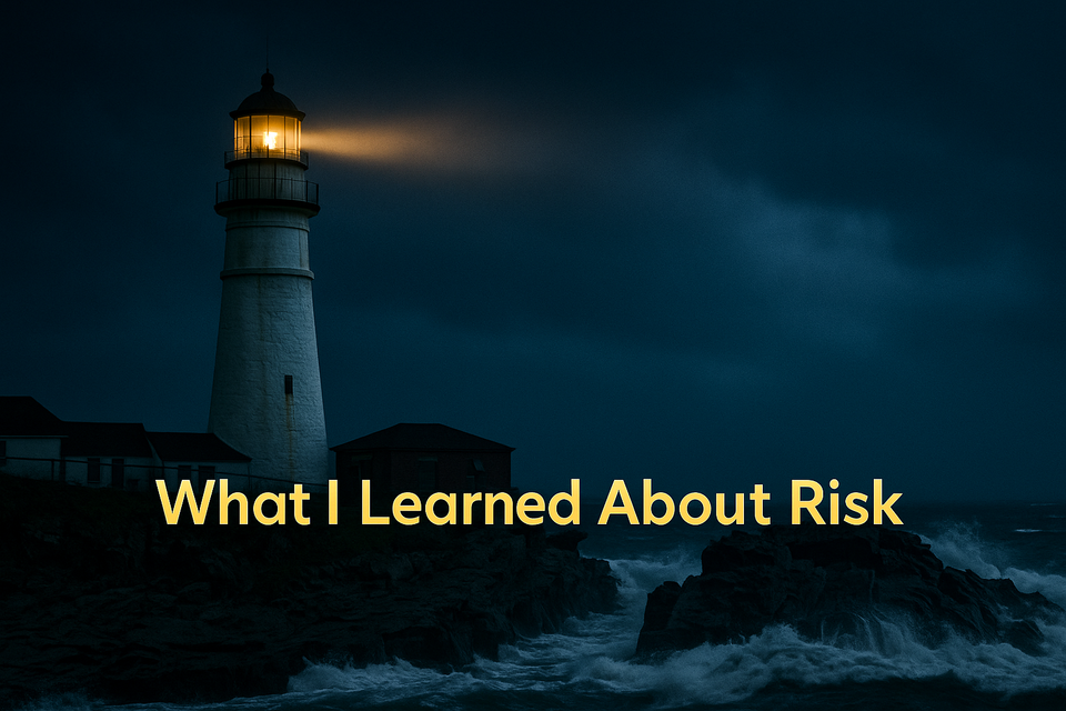 Lighthouse standing on rocky shore at dusk, waves crashing, symbolizing stability and guidance in uncertain markets.