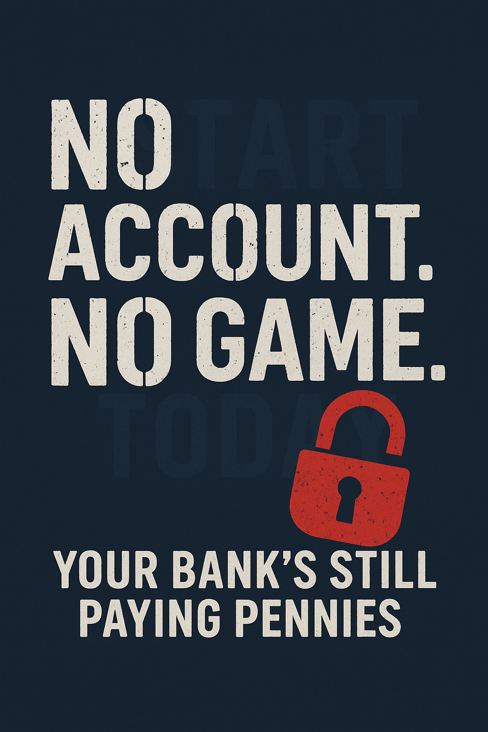 Dark navy poster with “NO ACCOUNT. NO GAME.” in white, red broken padlock, and small tagline below
