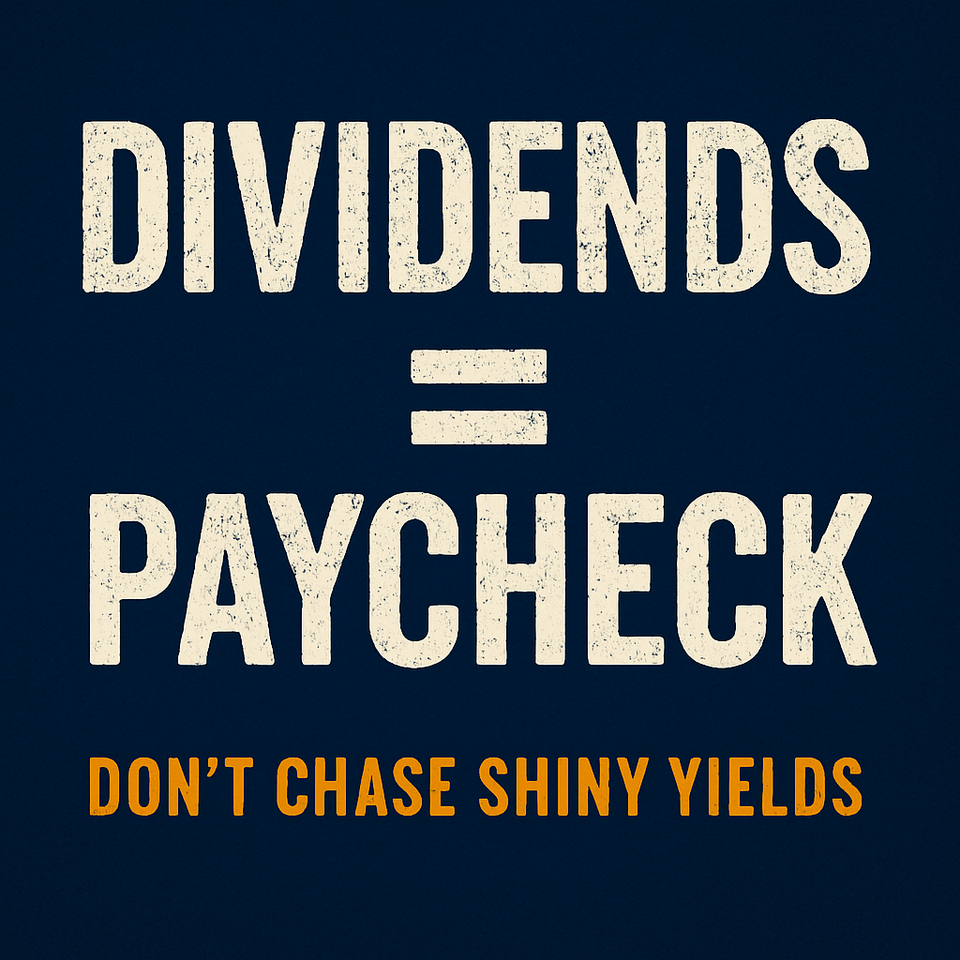 Dark navy poster with distressed white text reading “DIVIDENDS = PAYCHECK” and a small tagline at the bottom.
