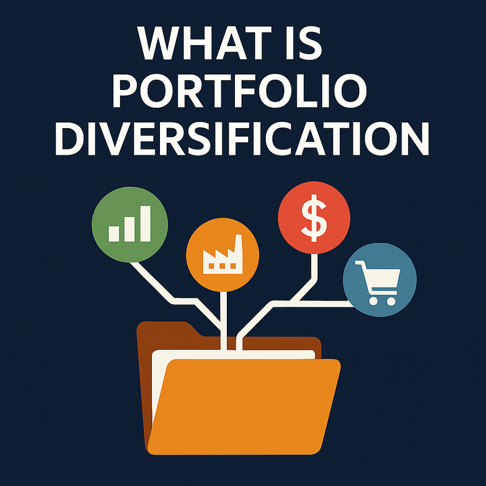 "Infographic: 'What is Portfolio Diversification' with folder icon and four circles for charts, factory, dollar sign, and shopping cart."