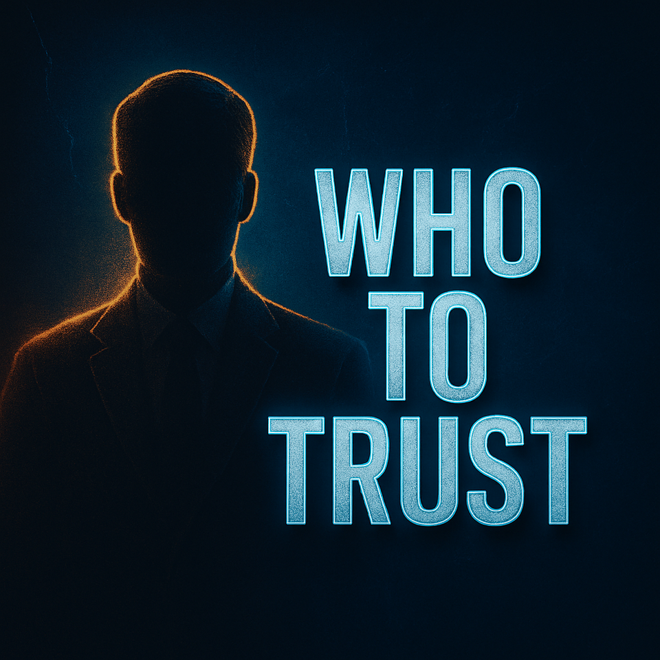 Dark blue graphic with the words “WHO TO TRUST” in bold 3D letters beside the outline of a man in gold, symbolizing the uncertainty of choosing a financial advisor.