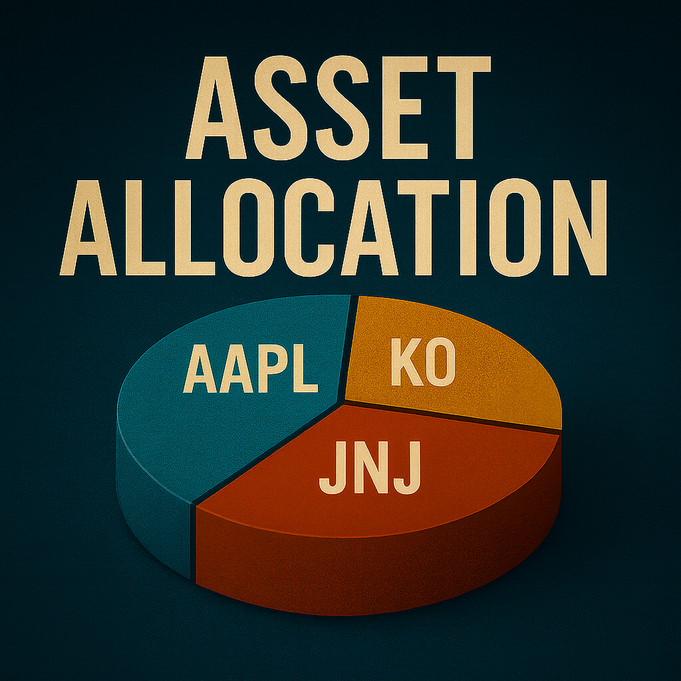 Graphic of asset allocation pie chart with stock tickers AAPL, JNJ, and KO. Text reads Asset Allocation with ‘Asset’ in red and ‘Allocation’ in blue on a dark navy background.