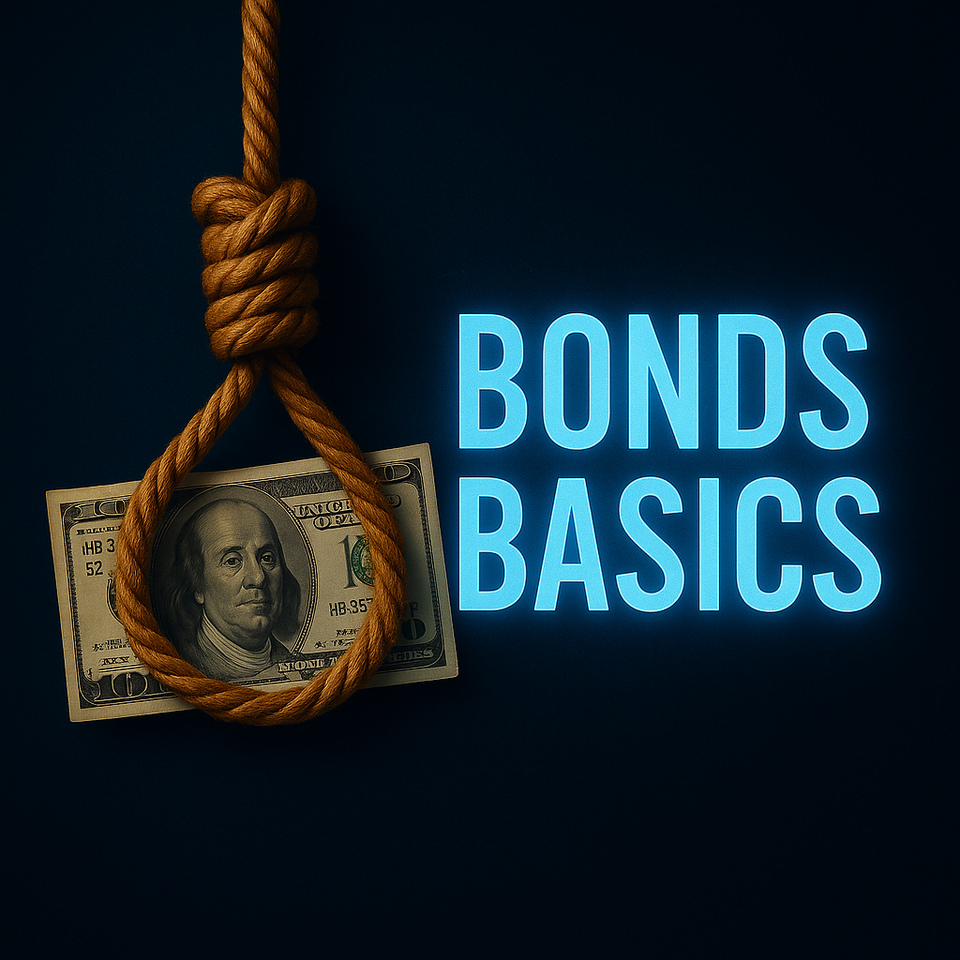 Dark navy graphic showing a $100 bill tightened in a noose with glowing text reading “Bonds Basics.”