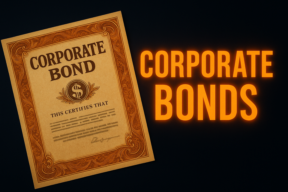 Dark navy thumbnail with a $100 bill pierced by sharp metallic fangs, glowing text reading “Corporate Bonds.”