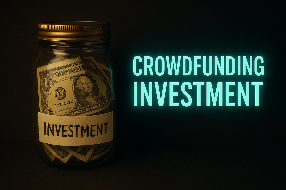Dark navy thumbnail with glowing orange silhouettes holding up dollar bills toward a platform, bold orange text reading “Crowdfunding.”