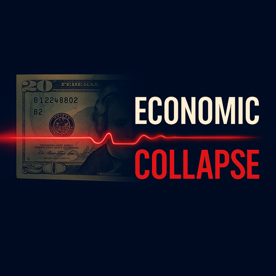 A twenty-dollar bill with a glowing red EKG line that flatlines, symbolizing economic collapse. Text overlay reads: Economic Collapse.