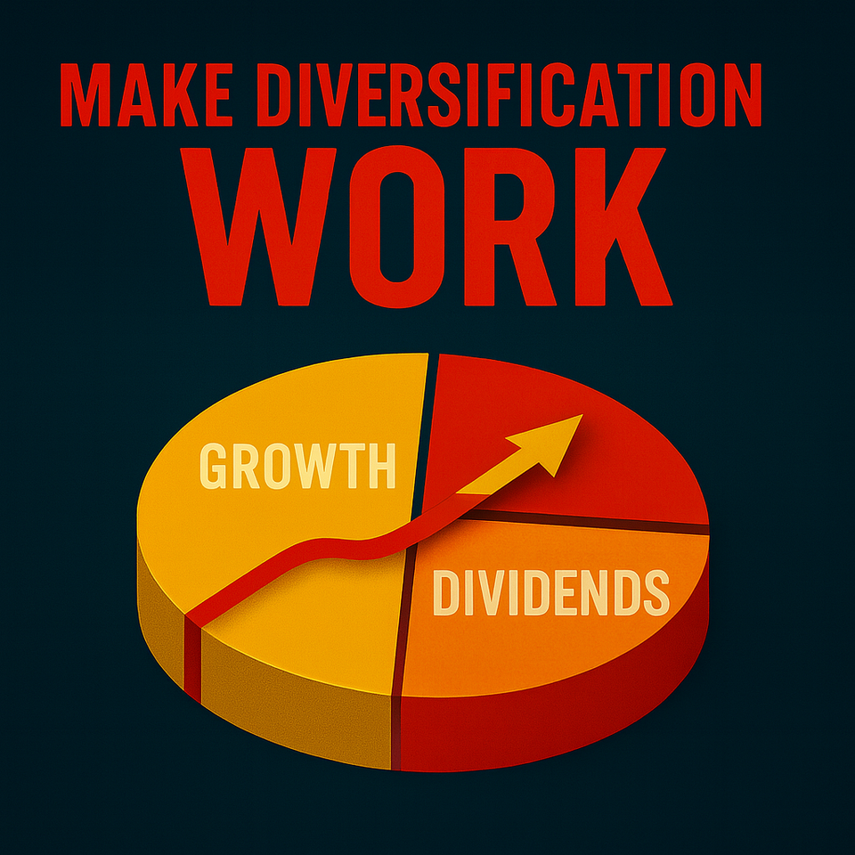 Graphic with bold text “Make Diversification Work,” a pie chart split between growth and dividends in bright colors, symbolizing balanced investing strategy.