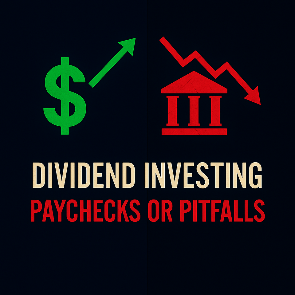 Graphic split with cash and upward arrow on left, cracked piggy bank with downward arrow on right, text “Dividend Investing – Paychecks or Traps