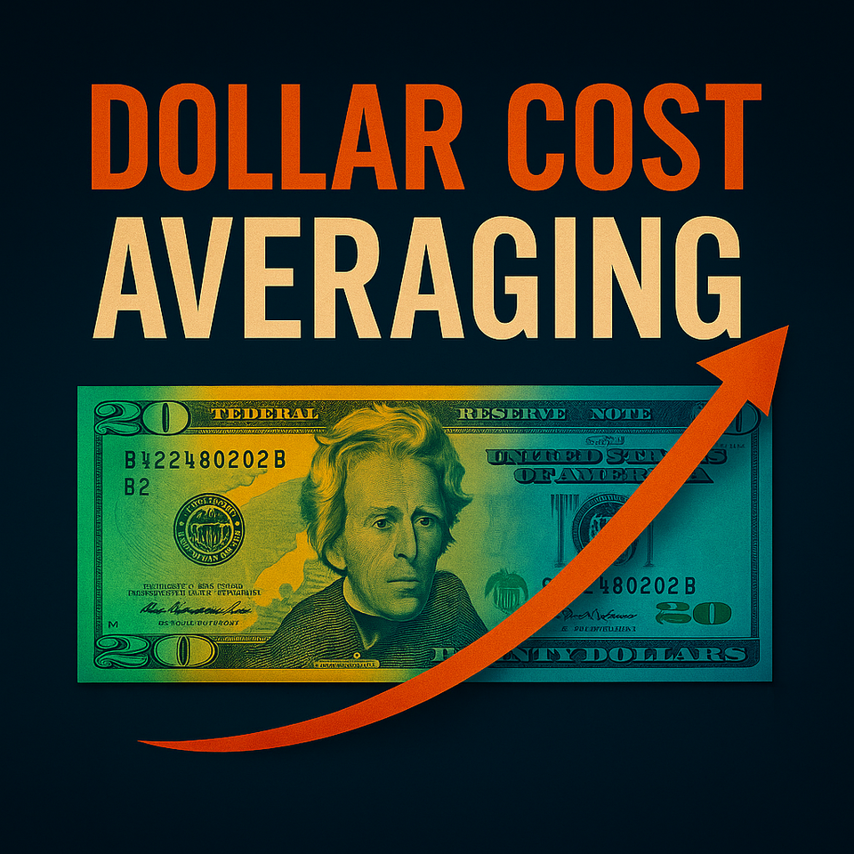 Graphic of Dollar Cost Averaging with bold text, a $20 bill, and a colorful calendar on a dark navy background, symbolizing consistent investing over time.