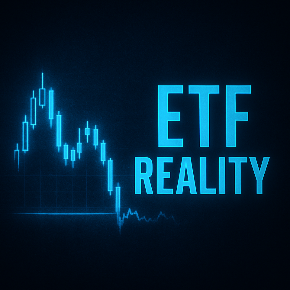 Dark blue graphic with bold 3D text “ETF REALITY.” Background shows a smooth chart on one side and a chaotic chart on the other, symbolizing beginner rules vs. real markets.