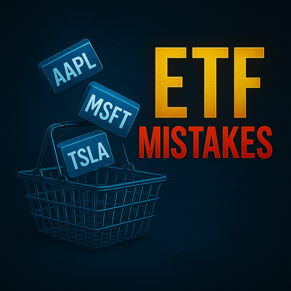 ark blue graphic with bold 3D text “ETF MISTAKES” above a cracked basket spilling stock ticker symbols, symbolizing the hidden risks of buying ETFs the wrong way.