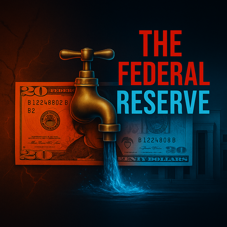 Twenty-dollar bill split red and blue with a faucet in the center, symbolizing the Federal Reserve’s control of money flow, with the Fed building faint in the background.