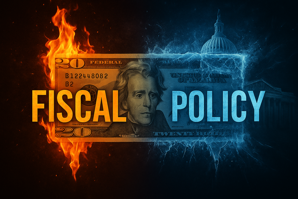 Twenty-dollar bill split between flames and ice with U.S. Capitol in the background, symbolizing fiscal policy as government spending versus austerity