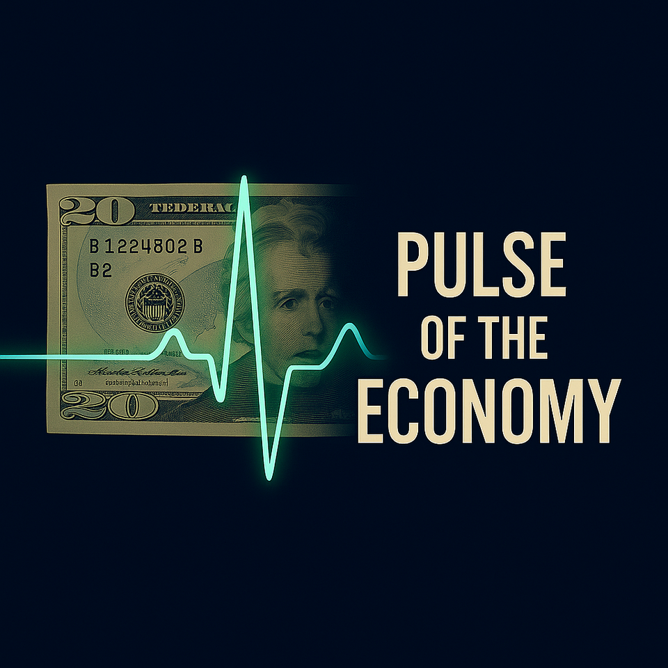 A twenty-dollar bill with a glowing neon heartbeat line running across it, symbolizing GDP as the pulse of the economy. Text reads: Pulse of the Economy.