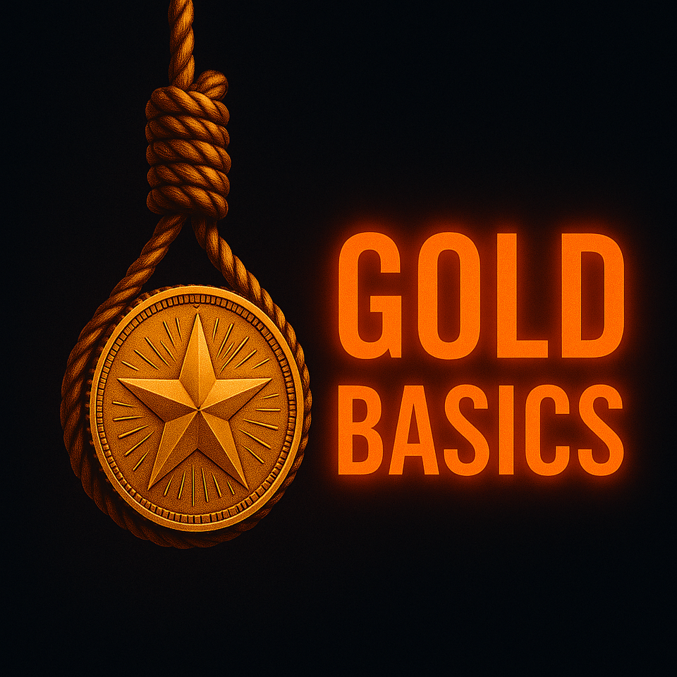 Dark navy thumbnail with a glowing gold coin suspended in dramatic light, bold orange text reading “Gold Investing.”