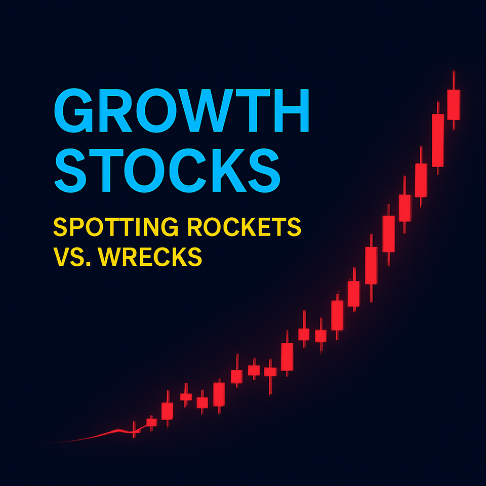Dark navy background with bold light blue text “Growth Stocks” and bright yellow subtitle “Spotting Rockets vs. Wrecks,” alongside a rising red candlestick chart symbolizing stock growth