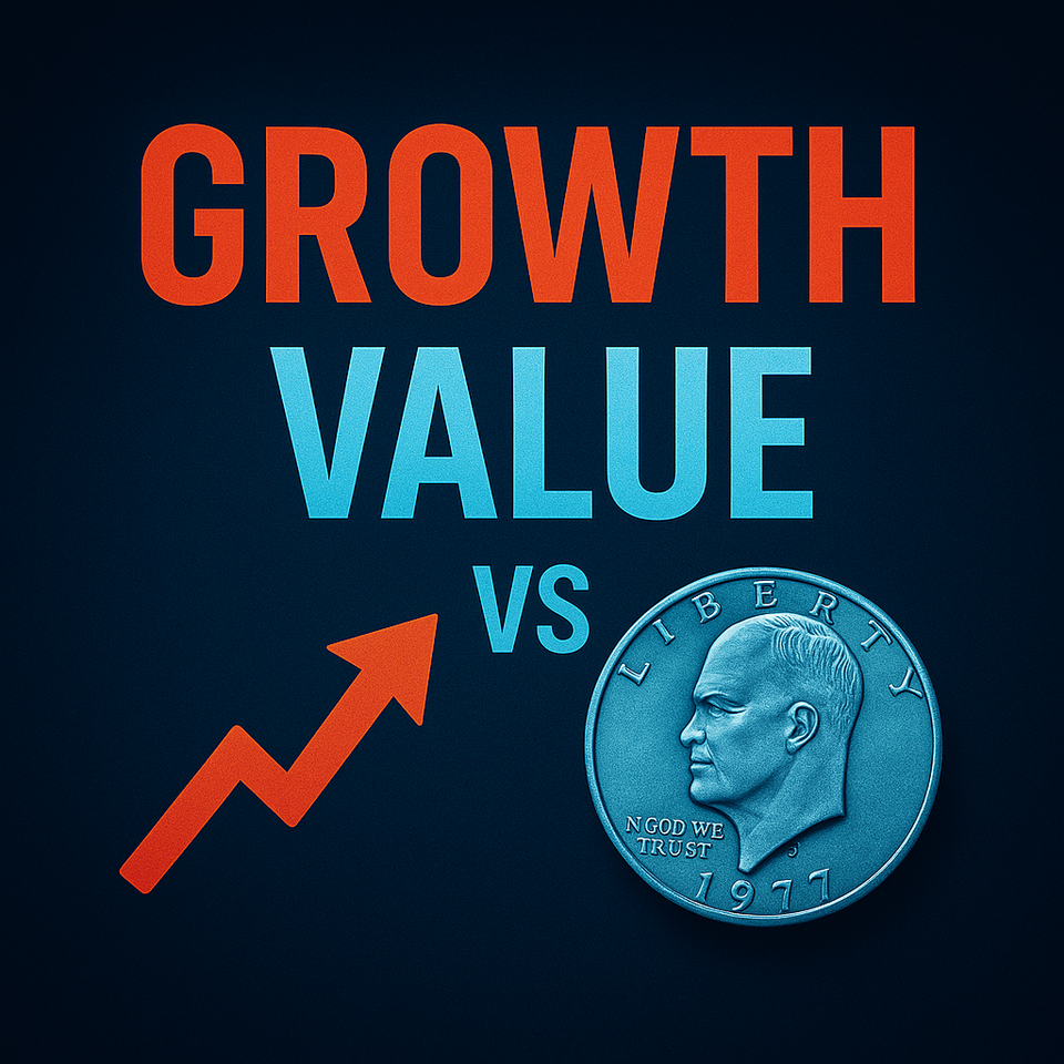 Feature image with dark navy background, bold white text “Growth vs Value Investing,” showing a faint rocket on one side and a ship hull on the other.