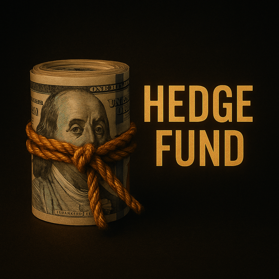 Dark navy thumbnail with a glowing roulette wheel made of dollar bills, bold orange text reading “Hedge Funds.”