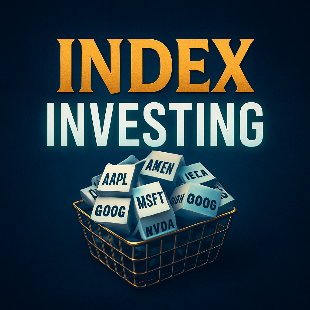Dark blue graphic with bold 3D text “INDEX INVESTING.” Background shows a basket overflowing with stock ticker symbols, symbolizing buying the entire market at once