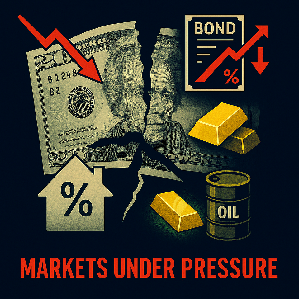 A $20 bill torn in four directions: red arrow crashing for stocks, bond yield spike, cracked house with %, and glowing gold and oil. Text reads: Markets Under Pressure.