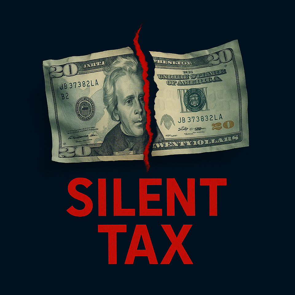 A twenty-dollar bill torn in half with a jagged red rip, symbolizing inflation as a silent tax.