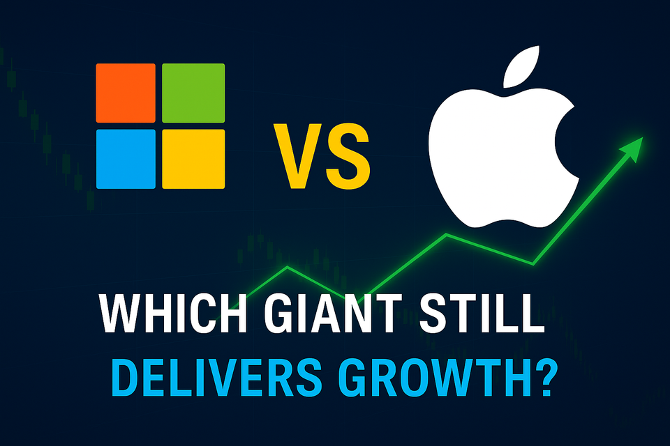 Digital graphic showing Microsoft and Apple logos with an upward green arrow, symbolizing a comparison of growth potential between the two companies.