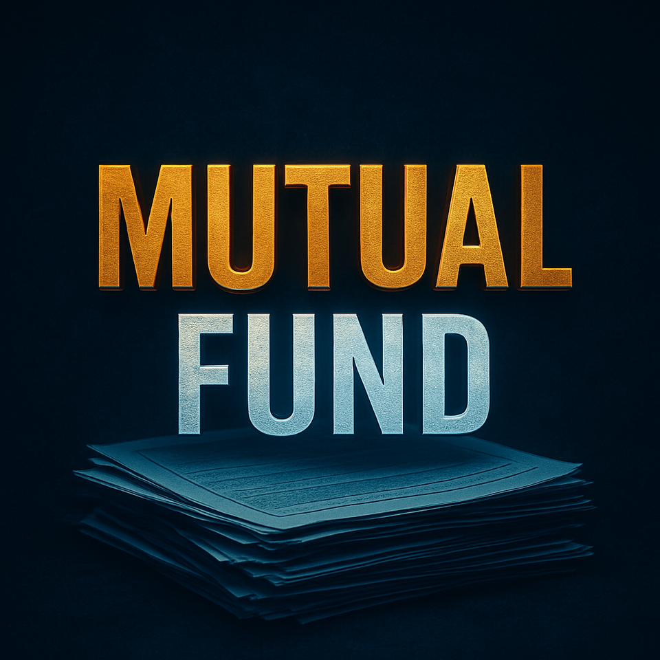 Dark blue graphic with bold 3D text “MUTUAL FUND.” Background shows a basket filled with coins and papers, symbolizing the pooled-money structure of mutual funds.
