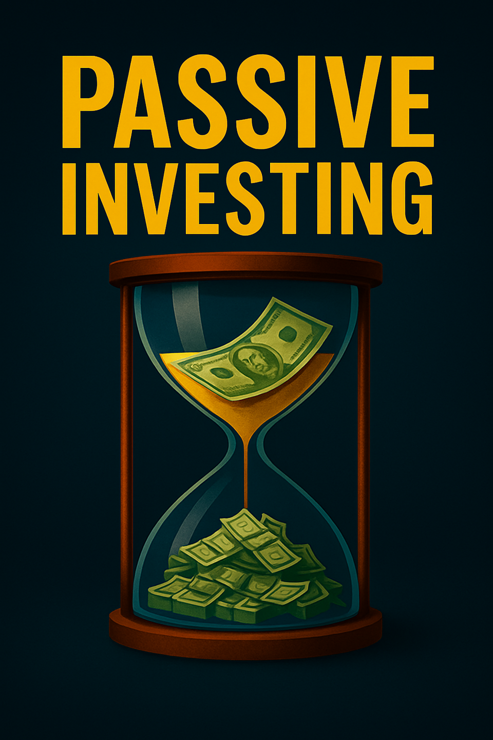 Digital illustration of an hourglass with dollar bills flowing into a pile, symbolizing passive investing, compounding, and long-term wealth building on a dark navy background
