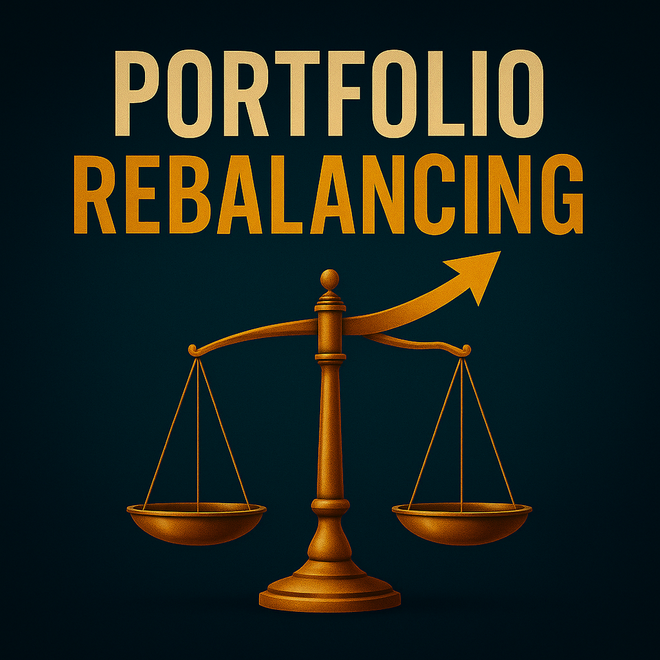 Graphic of a tilted scale with bold text “Portfolio Rebalancing” and an upward swooping arrow on a dark navy background, symbolizing keeping investments in balance.