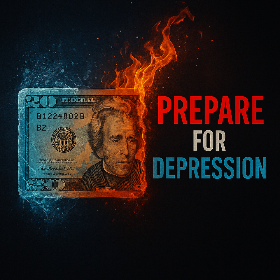 Illustration of a cracked twenty-dollar bill split red and blue with bold text ‘Prepare for Depression,’ highlighting urgency for investors to act.