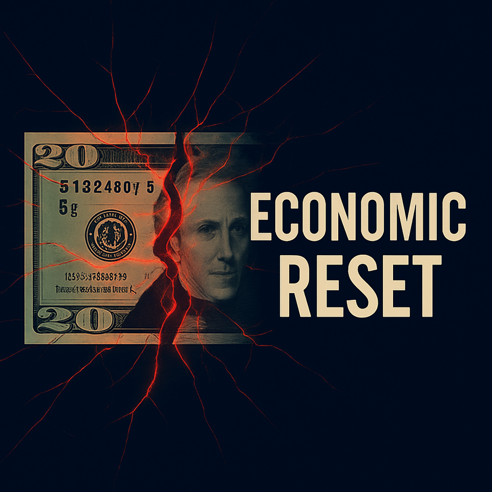 A twenty-dollar bill shattering like broken glass with glowing red-orange cracks, symbolizing recession as an economic reset. Text reads: Economic Reset.